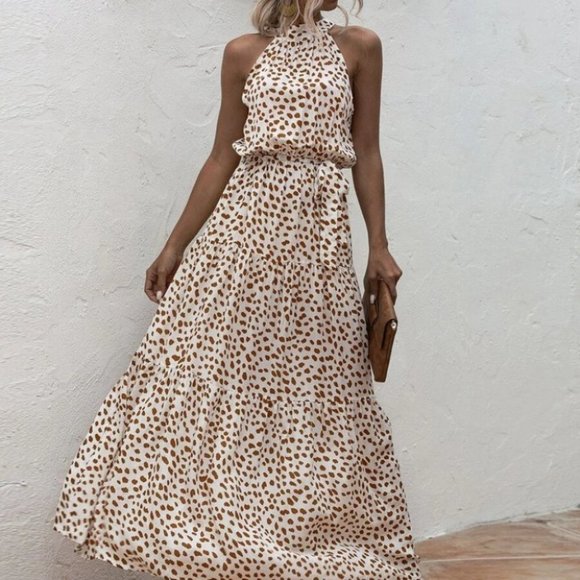 Dalmatian Print Ruffle Hem Belted Halter Dress - Picture 2 of 9